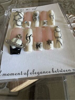Bonitas Nails Handmade Set in Pink, White & Black with Rhinestone Accent